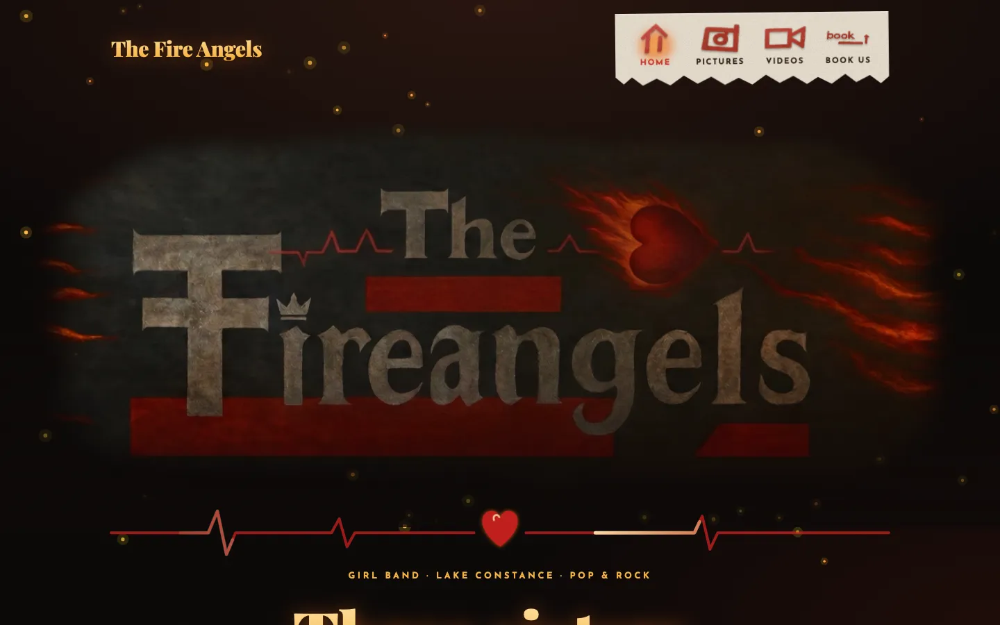 Startseite von thefireangels.com mit dem gemalten Band-Logo in Flammen auf dunklem Grund
