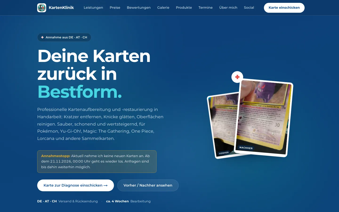 Startseite von kartenklinik.de mit Vorher-Nachher-Karten und dem Slogan „Deine Karten zurück in Bestform.“