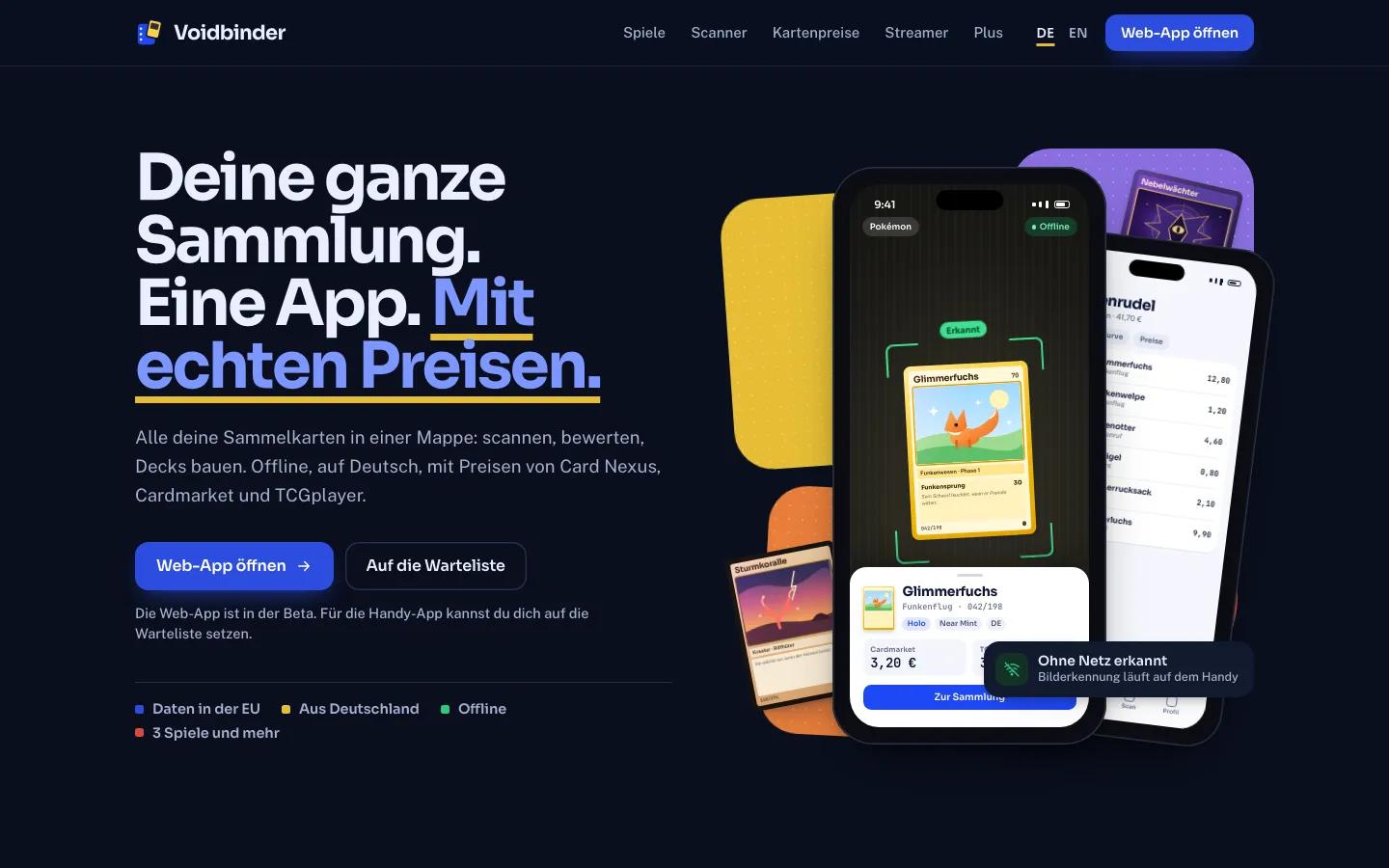 Startseite von voidbinder.de mit Handy-Screens der App und dem Slogan „Deine ganze Sammlung. Eine App.“