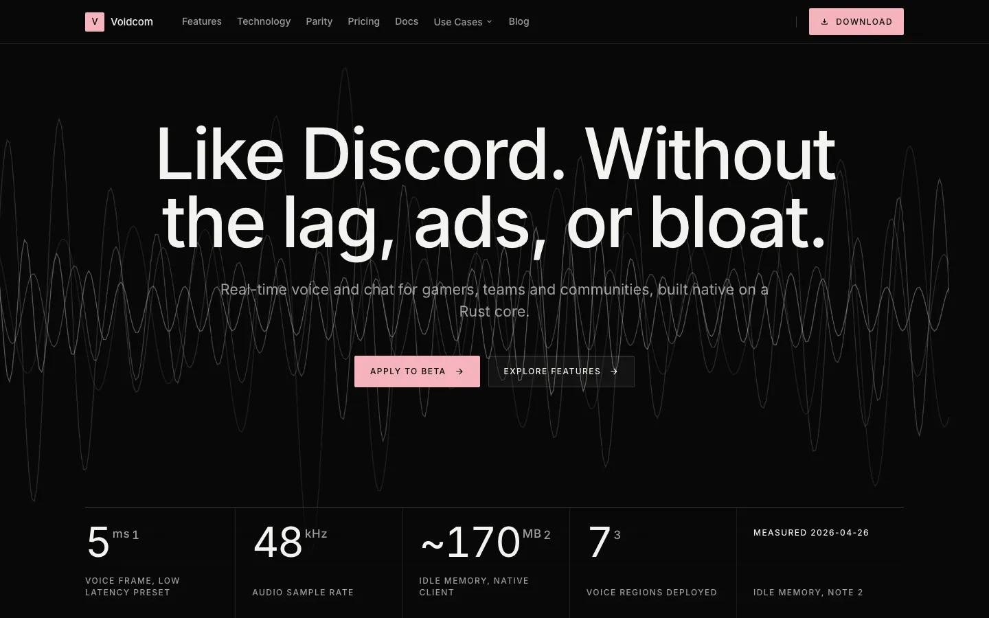 Startseite von voidcom.app mit der Überschrift „Like Discord. Without the lag, ads, or bloat.“